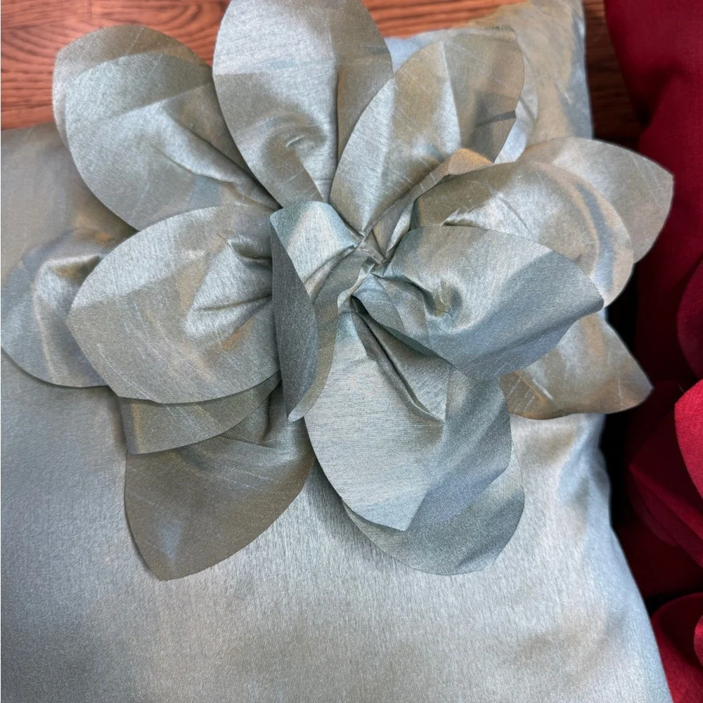 Raw Silk- Look Floral Accent Throw Pillows - Burgundy and Turquoise